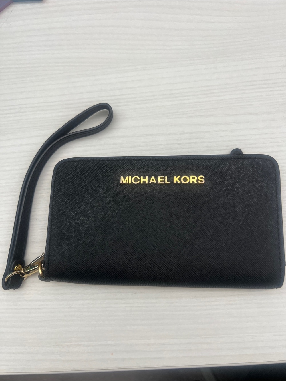 Michael Kors Black Saffiano Zip Wristlet with Gold Logo